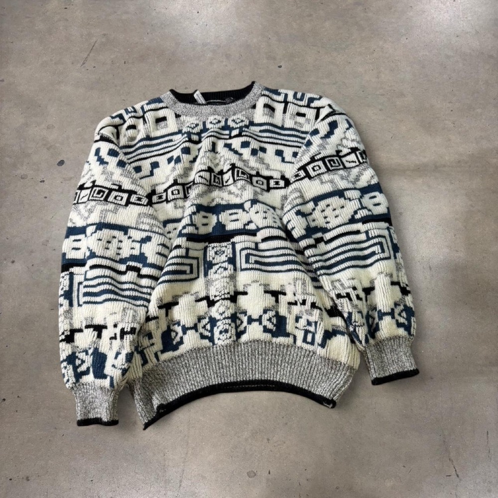 Vintage Expressions Mens White Knit Geometric Sweater Large Black Gray Blue
